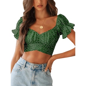 image:imageLYANER Womens Puff Short Sleeve Y2k Crop Top  Summer Ruffle Off The Shoulder Tie Back Cute Cropped Blouse ShirtsHeart Green