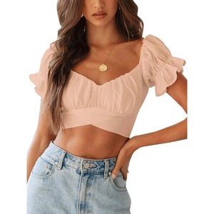 image:imageLYANER Womens Puff Short Sleeve Y2k Crop Top  Summer Ruffle Off The Shoulder Tie Back Cute Cropped Blouse ShirtsKhaki