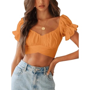 image:imageLYANER Womens Puff Short Sleeve Y2k Crop Top  Summer Ruffle Off The Shoulder Tie Back Cute Cropped Blouse ShirtsLight Orange