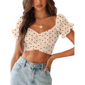 image:imageLYANER Womens Puff Short Sleeve Y2k Crop Top  Summer Ruffle Off The Shoulder Tie Back Cute Cropped Blouse ShirtsPolka Dots Beige