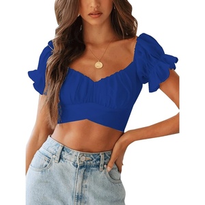 image:imageLYANER Womens Puff Short Sleeve Y2k Crop Top  Summer Ruffle Off The Shoulder Tie Back Cute Cropped Blouse ShirtsRoyal Blue