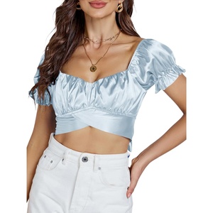 image:imageLYANER Womens Puff Short Sleeve Y2k Crop Top  Summer Ruffle Off The Shoulder Tie Back Cute Cropped Blouse ShirtsSatin Baby Blue