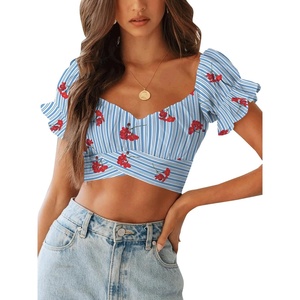 image:imageLYANER Womens Puff Short Sleeve Y2k Crop Top  Summer Ruffle Off The Shoulder Tie Back Cute Cropped Blouse ShirtsStripe Blue