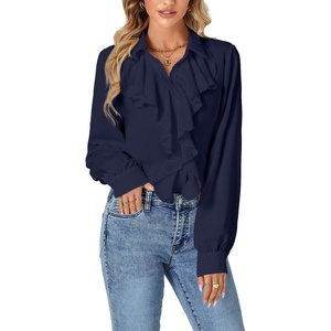 image:imageLYANER Womens Ruffle Collar Casual Blouse  Button Down Long Sleeve Victorian Dressy Top ShirtsNavy Blue