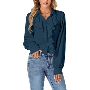 image:imageLYANER Womens Ruffle Collar Casual Blouse  Button Down Long Sleeve Victorian Dressy Top ShirtsTeal Blue