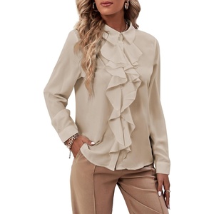 image:imageLYANER Womens Ruffle Front Elegant Blouse  Collar Neck Button Down Long Sleeve Ruffled Shirt Dressy Casual Work TopsApricot