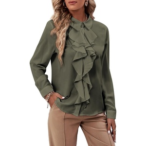 image:imageLYANER Womens Ruffle Front Elegant Blouse  Collar Neck Button Down Long Sleeve Ruffled Shirt Dressy Casual Work TopsArmy Green
