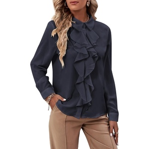 image:imageLYANER Womens Ruffle Front Elegant Blouse  Collar Neck Button Down Long Sleeve Ruffled Shirt Dressy Casual Work TopsDark Blue