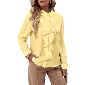 image:imageLYANER Womens Ruffle Front Elegant Blouse  Collar Neck Button Down Long Sleeve Ruffled Shirt Dressy Casual Work TopsLight Yellow