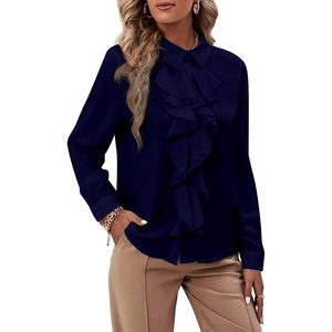 image:imageLYANER Womens Ruffle Front Elegant Blouse  Collar Neck Button Down Long Sleeve Ruffled Shirt Dressy Casual Work TopsNavy Blue