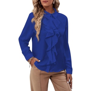 image:imageLYANER Womens Ruffle Front Elegant Blouse  Collar Neck Button Down Long Sleeve Ruffled Shirt Dressy Casual Work TopsRoyal Blue