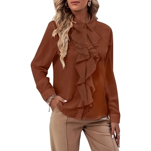 image:imageLYANER Womens Ruffle Front Elegant Blouse  Collar Neck Button Down Long Sleeve Ruffled Shirt Dressy Casual Work TopsSolid Caramel