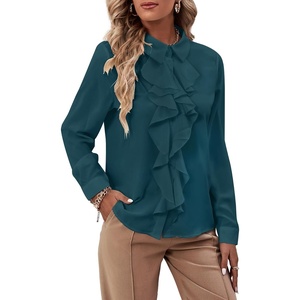 image:imageLYANER Womens Ruffle Front Elegant Blouse  Collar Neck Button Down Long Sleeve Ruffled Shirt Dressy Casual Work TopsTeal