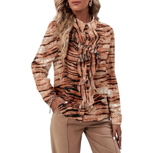 image:imageLYANER Womens Ruffle Front Elegant Blouse  Collar Neck Button Down Long Sleeve Ruffled Shirt Dressy Casual Work TopsTiger Caramel