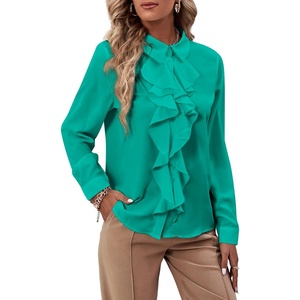 image:imageLYANER Womens Ruffle Front Elegant Blouse  Collar Neck Button Down Long Sleeve Ruffled Shirt Dressy Casual Work TopsTurquoise