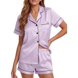 image:imageLYANER Womens Satin Silky Soft Pajamas Set  Button Down Collared V Neck Short Sleeve Blouse Tops with Elastic High Waisted Shorts Comfy Pjs Sleepwear LoungewearSolid Light Purple
