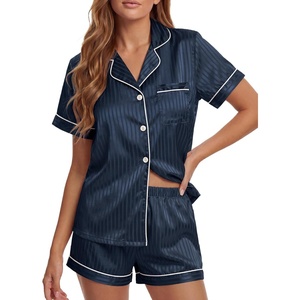 image:imageLYANER Womens Satin Silky Soft Pajamas Set  Button Down Collared V Neck Short Sleeve Blouse Tops with Elastic High Waisted Shorts Comfy Pjs Sleepwear LoungewearDark Blue2