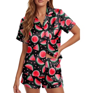 image:imageLYANER Womens Satin Silky Soft Pajamas Set  Button Down Collared V Neck Short Sleeve Blouse Tops with Elastic High Waisted Shorts Comfy Pjs Sleepwear LoungewearWatermelon Black
