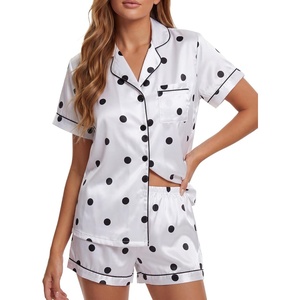 image:imageLYANER Womens Satin Silky Soft Pajamas Set  Button Down Collared V Neck Short Sleeve Blouse Tops with Elastic High Waisted Shorts Comfy Pjs Sleepwear LoungewearDots White