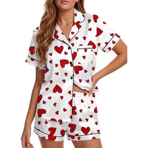 image:imageLYANER Womens Satin Silky Soft Pajamas Set  Button Down Collared V Neck Short Sleeve Blouse Tops with Elastic High Waisted Shorts Comfy Pjs Sleepwear LoungewearHeart White