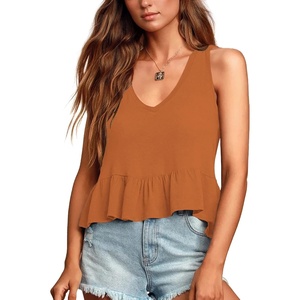 image:imageLYANER Womens V Neck Casual Tank Top  Ruffle Hem Babydoll Blouse Sleeveless Flowy Peplum TopsCarmel