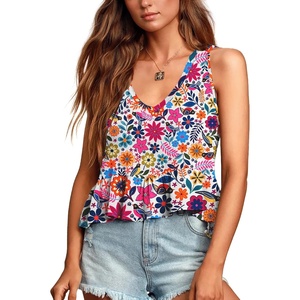 image:imageLYANER Womens V Neck Casual Tank Top  Ruffle Hem Babydoll Blouse Sleeveless Flowy Peplum TopsFloral Multicolored