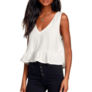 image:imageLYANER Womens V Neck Casual Tank Top  Ruffle Hem Babydoll Blouse Sleeveless Flowy Peplum TopsSolid White