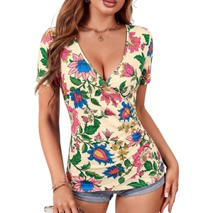 image:imageLYANER Womens Wrap Deep V Neck Sexy Blouse  Summer Short Sleeve Ruched Slim Fitted Going Out Tops Comfy Soft ShirtsBeige Multi Floral