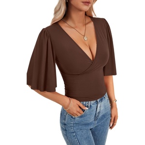 image:imageLYANER Womens Wrap V Neck Dressy Casual Tops  Ruffle Short Sleeve Elegant Work Business Blouse ShirtsChestnut Brown