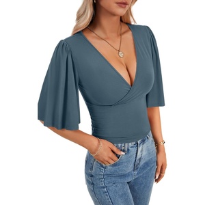 image:imageLYANER Womens Wrap V Neck Dressy Casual Tops  Ruffle Short Sleeve Elegant Work Business Blouse ShirtsDenim Blue