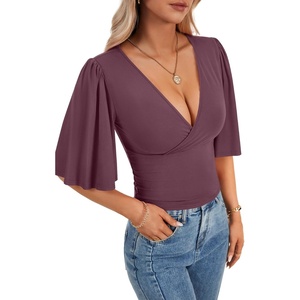 image:imageLYANER Womens Wrap V Neck Dressy Casual Tops  Ruffle Short Sleeve Elegant Work Business Blouse ShirtsDusty Purple