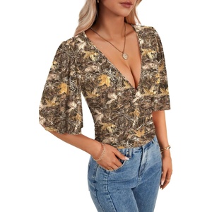 image:imageLYANER Womens Wrap V Neck Dressy Casual Tops  Ruffle Short Sleeve Elegant Work Business Blouse ShirtsLeaves and Branches