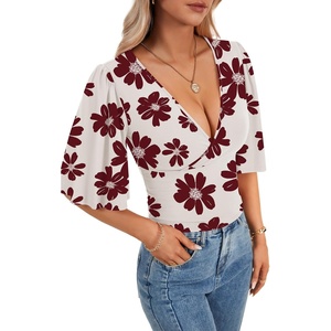 image:imageLYANER Womens Wrap V Neck Dressy Casual Tops  Ruffle Short Sleeve Elegant Work Business Blouse ShirtsWine Red Flower