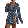 image:imageLYANER Womens Collared Deep V Neck Sexy TopsNavy Blue Print