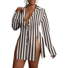 image:imageLYANER Womens Collared Deep V Neck Sexy TopsOff White Stirped