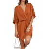 image:imageLYANER Womens Satin V Neck Twist Ruffle Flowy Swing Short Sleeve Elegant Mini DressBaby Dark Orange