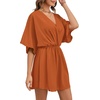 image:imageLYANER Womens Satin V Neck Twist Ruffle Flowy Swing Short Sleeve Elegant Mini DressBaby Dark Orange