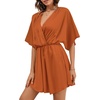 image:imageLYANER Womens Satin V Neck Twist Ruffle Flowy Swing Short Sleeve Elegant Mini DressBaby Dark Orange