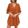 image:imageLYANER Womens Satin V Neck Twist Ruffle Flowy Swing Short Sleeve Elegant Mini DressBaby Dark Orange