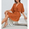 image:imageLYANER Womens Satin V Neck Twist Ruffle Flowy Swing Short Sleeve Elegant Mini DressBaby Dark Orange