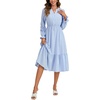 image:imageLYANER Womens Striped Ruffle Tiered Long Sleeve V Neck Ruched Button Elegant Midi DressAzure