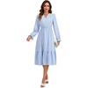 image:imageLYANER Womens Striped Ruffle Tiered Long Sleeve V Neck Ruched Button Elegant Midi DressAzure