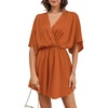 image:imageLYANER Womens Satin V Neck Twist Ruffle Flowy Swing Short Sleeve Elegant Mini DressBaby Dark Orange
