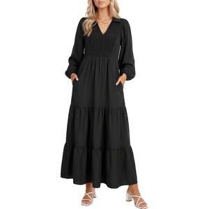 image:imageLYANER Womens Smocked Casual Long Dress with PocketsBlack