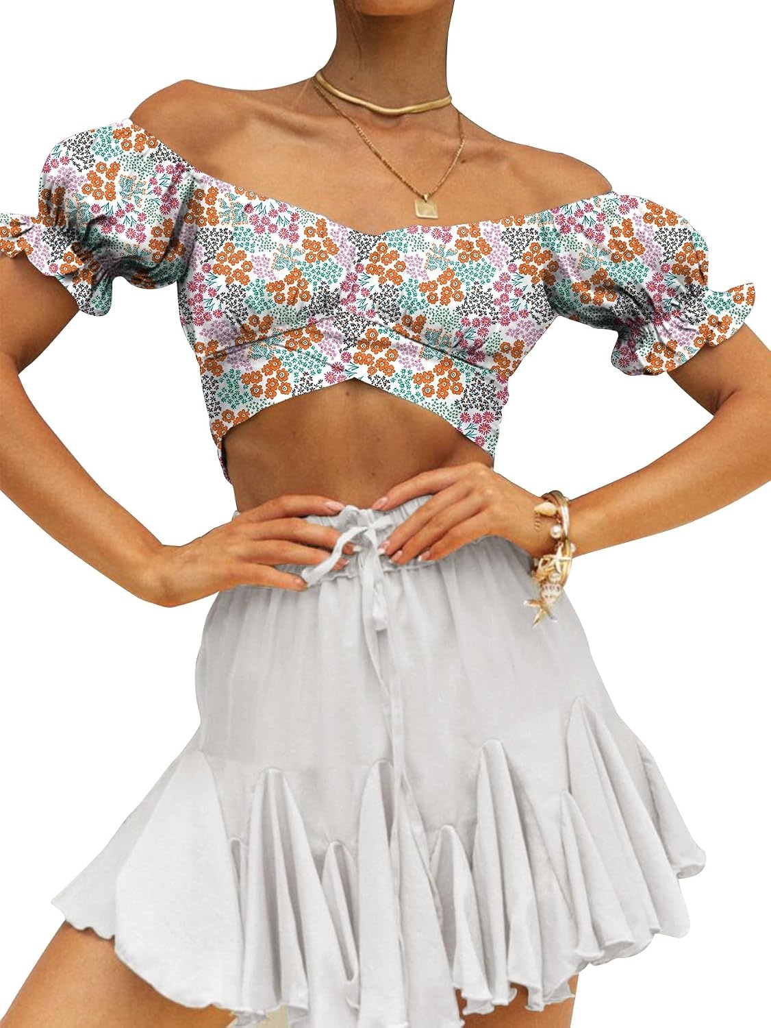 image:imageLYANER Womens Puff Short Sleeve Y2k Crop TopFloral Multicolored