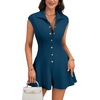 image:imageLYANER Womens Collared V Neck Button Down Cap Sleeve Sexy Rompers JumpsuitsTeal
