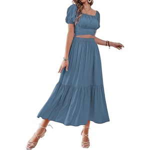 image:imageLYANER Womens 2 Pcs Outfits Wrap Tie Short Sleeve Crop Top Ruffle Maxi Skirt SetBlue