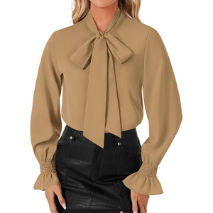 image:imageLYANER Womens Bow Tie Neck Business Work BlouseSolid Khaki