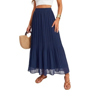 image:imageLYANER Womens Chiffon Pleated Elastic High Waisted Flowy A Line Layered Vacation Long SkirtsDark Blue