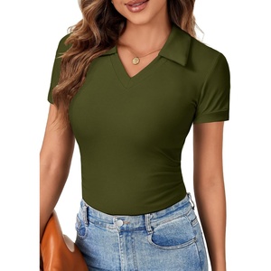 image:imageLYANER Womens Collared V Neck Work Polo ShirtsSolid Army Green